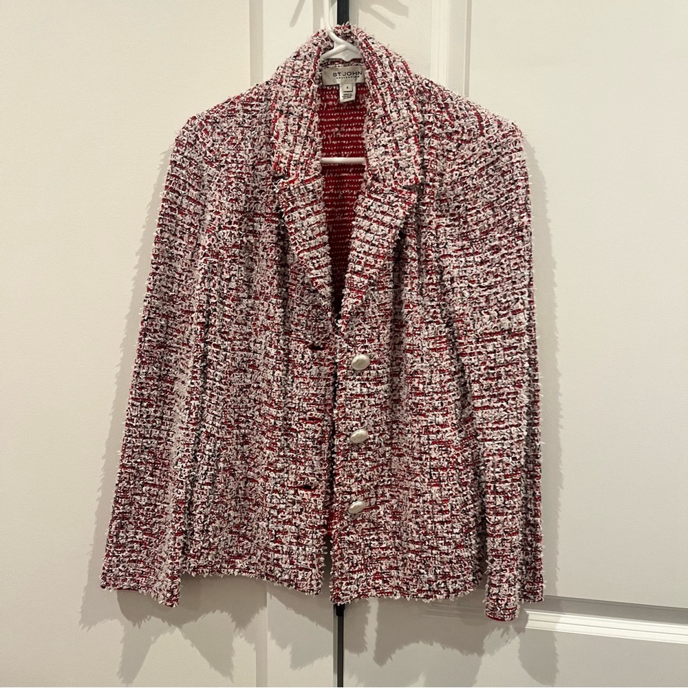 ST. JOHN Red White Tweed Button Blazer Jacket 2